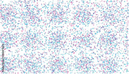 Scattered pixelated geometric shapes in pastel blue pink and purple hues abstract background