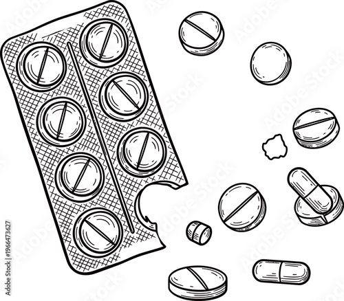 Pill Blister Pack Medicine Pharmacy Medical Hand Drawn Line Art