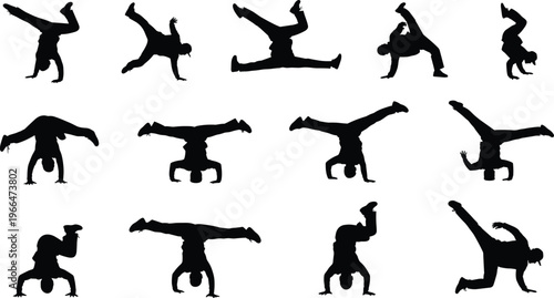 Breakdancer male dancer performing breakdance moves street dance set black silhouettes collection isolated on white background for hip hop culture urban lifestyle graphic design