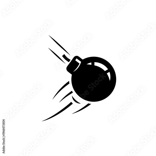Explosive Bomb Icon Falling Fast with Motion Trails, Black Silhouette
