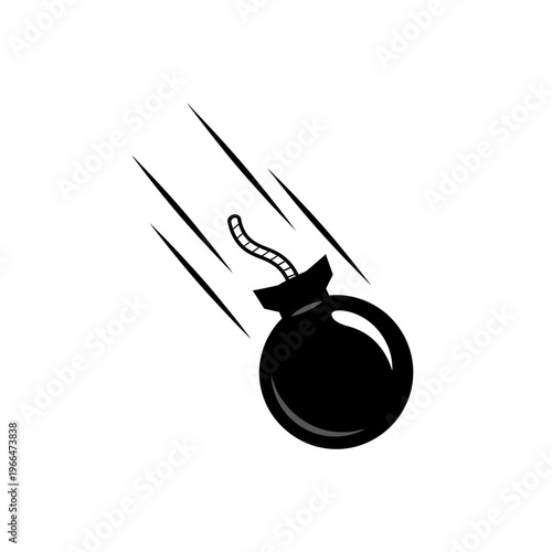 Falling Black Bomb Icon with Motion Lines on White Background