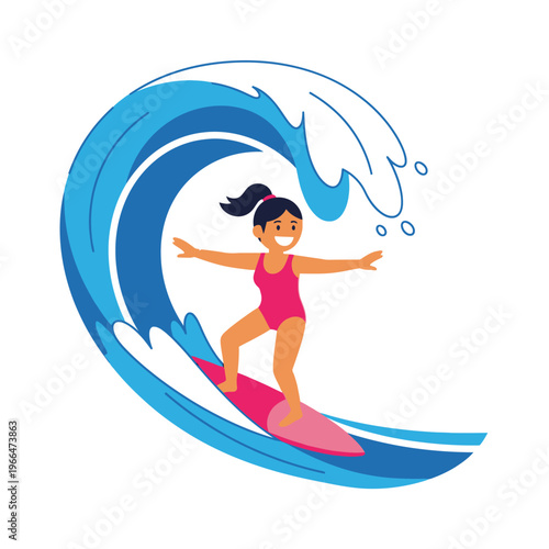 Young Woman Surfing Ride Big Ocean Wave