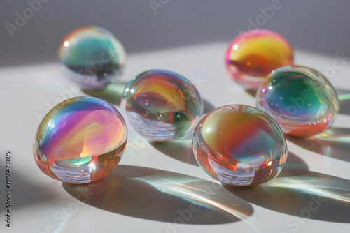 Glass eggs refracting rainbow light on a white surface, clean modern style
