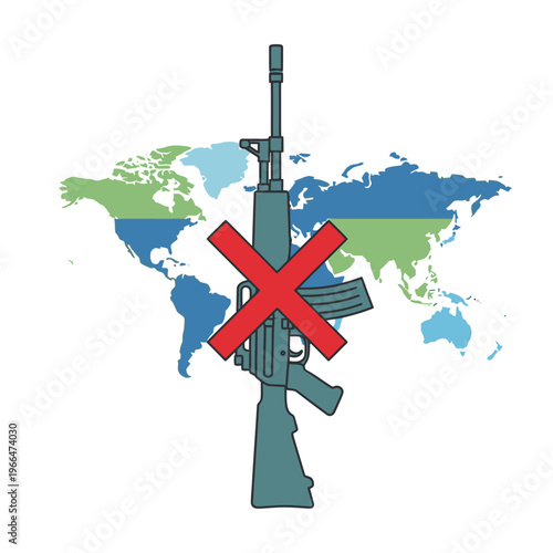 Global Peace Concept: Rifle Crossed Out Over World Map Illustration