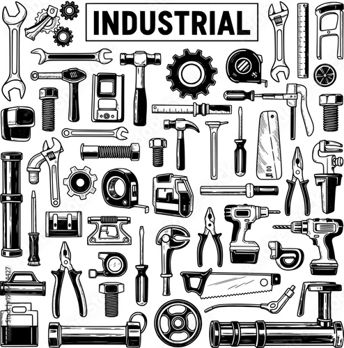 Detailed Industrial Tools Line Art Collection: Handyman  Workshop Equipment Set with Wrenches, Hammers, Drills, Gears, and Mechanical Hardware Icons for Repair  Construction.