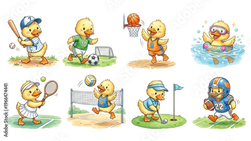  Set of funny cartoon cute Duck animals in playful sports vector style featuring smiling characters for kids toy illustration collection