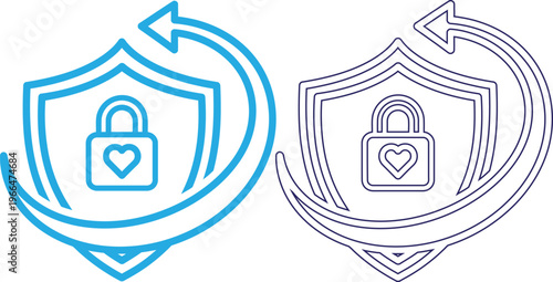 Dual shield icons with lock and heart security and love protection