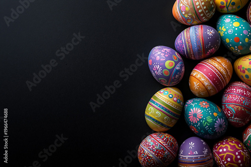Happy Easter decoration background , colorful Easter eggs over black background. Easter day