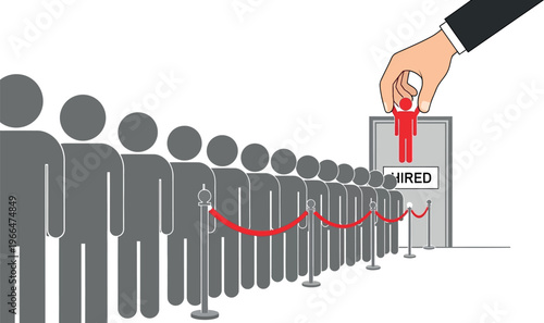 Recruitment and Hiring Concept: Hand Picking a Red Candidate from a Queue of Grey Figures. Vector Illustration of Job Search, Talent Acquisition, HR Strategy, and Standing Out from the Crowd.