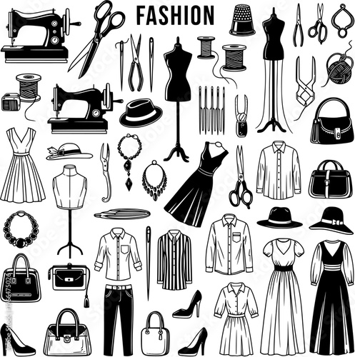 Fashion  Sewing Tools Collection: Detailed Black  White Line Art Icons of Clothing, Accessories, Dressmaking Equipment,  Apparel Elements