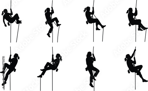 Female rock climber rappelling abseiling woman climbing ropes set black silhouettes collection isolated on white background for mountain sports adventure lifestyle graphic design