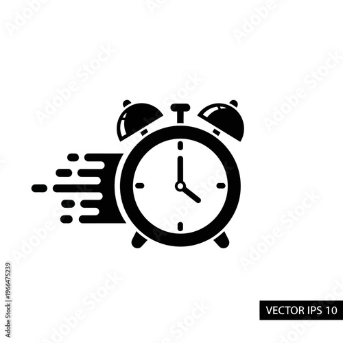 Black and white alarm clock icon.