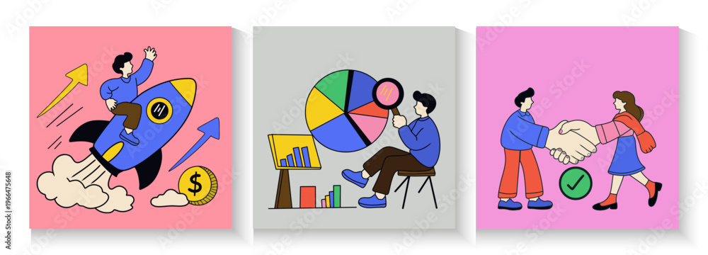 Fototapeta premium Set of business communication scenes flat illustrations, Human resources concept of employment, career, teamwork, job interview, improvement of business skills, management.