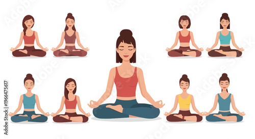 Woman meditating in lotus pose surrounded by others vector illustration