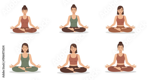 Woman meditating in lotus position multiple variations vector illustration