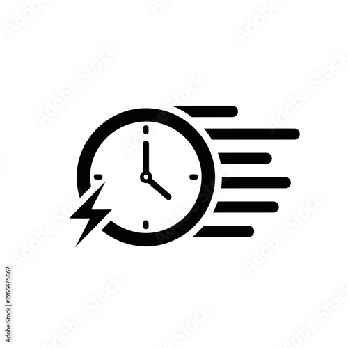 Black clock icon with motion lines.