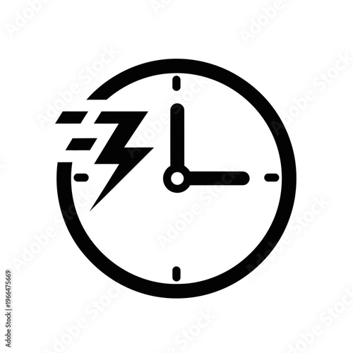 Black clock with lightning symbol.