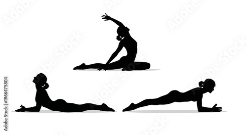 Woman silhouettes in yoga poses against white background for health and wellness