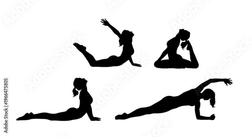Woman silhouettes in yoga poses against white background