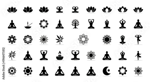 Yoga and meditation icons collection of wellness and spiritual symbols