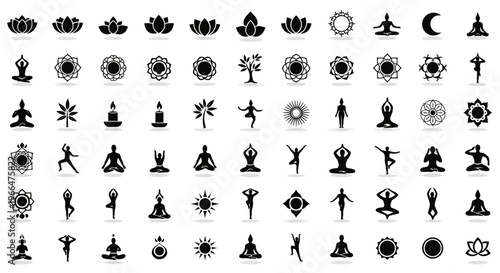Yoga and meditation icons collection of silhouettes for wellness design