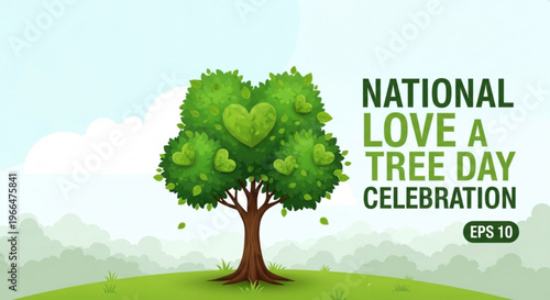 Tree with heart shaped leaves on national love a tree day with green landscape and blue sky