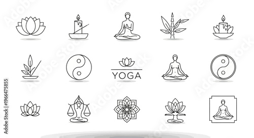 Yoga and meditation icons vector set lotus balance and relaxation symbols