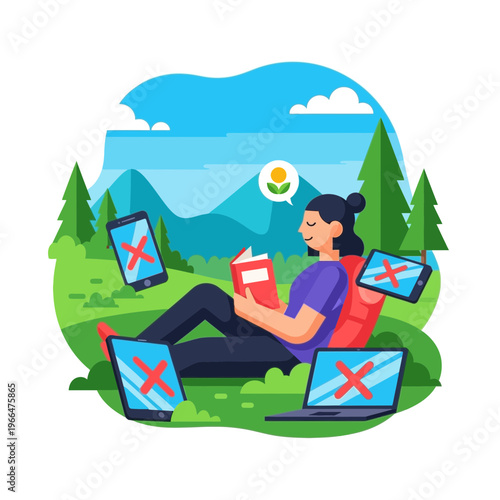 Woman reading in nature, disconnected from devices