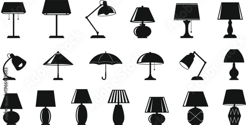 Large collection of black table lamp silhouettes featuring various modern and vintage desk light designs isolated on white background for interior decor concepts.