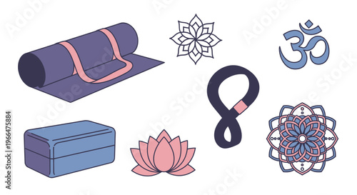 Yoga essentials illustration mat block lotus flower om symbol and mandala designs