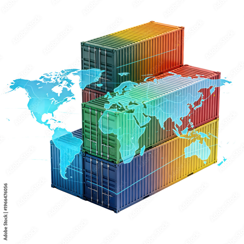 Fototapeta premium International Shipping Containers with Digital World Map Isolated on Transparent Background, Generative AI