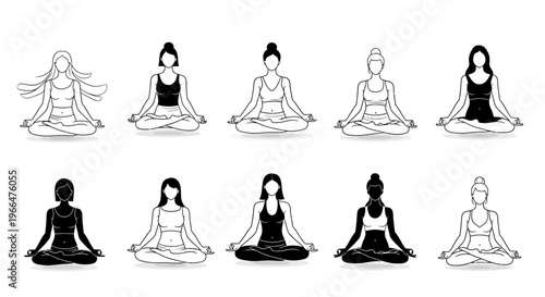 Yoga poses illustration black and white meditation practice concept