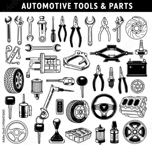 Detailed vector collection of automotive tools and vehicle parts in black and white line art. Essential car repair equipment and garage components.