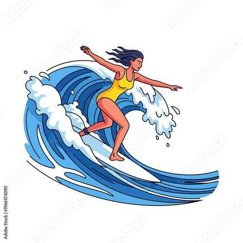 Woman Surfing Big Wave Yellow Swimsuit Summer Ocean Sport Fun