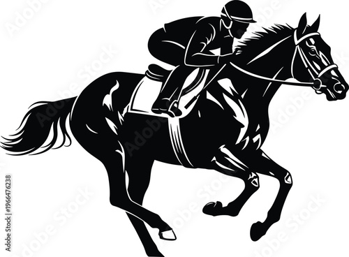 Stylized jockey horse racing silhouette vector, black and white dynamic illustration, speed competition athletic sports artwork design – flavector