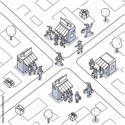 Illustration of People Shopping at a Busy Street Intersection