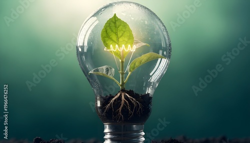 Green Plant Growing Inside Light Bulb with Roots in Soil, Concept of Sustainable Energy and Eco-Friendly Ideas