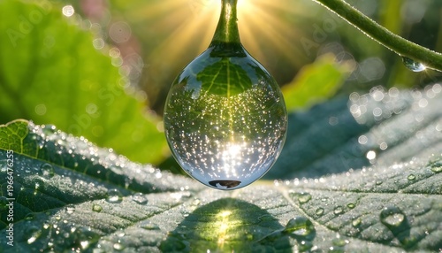 Crystal Clear Water Drop on Green Leaf with Golden Morning Sunlight and Sparkling Bokeh Background
