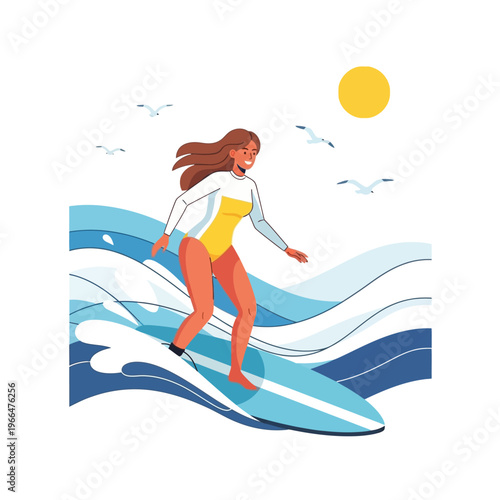 Woman Surfing on Ocean Wave, Summer Beach Activity, Healthy Lifestyle