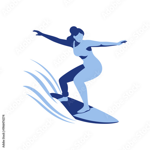 Woman Surfing on Wave, Action Sport, Summer Vacation, Blue Silhouette
