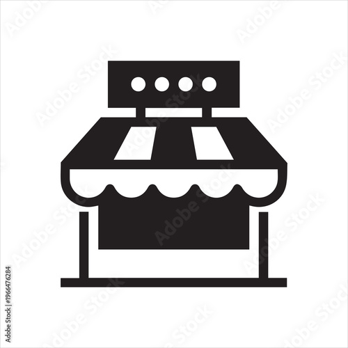 Market shop glyph icon. Kiosk, store, retail graphic pictogram. Street food or cafe concept black flat label. Logo of commercial market place. Vector illustration isolated on white