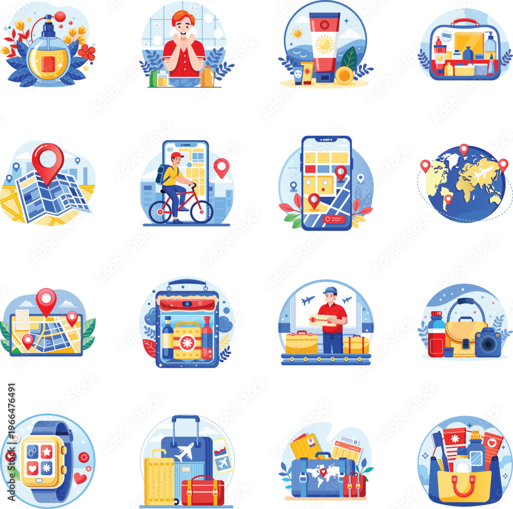 Fototapeta premium Pack of Travel Gear Flat Style Illustrations 