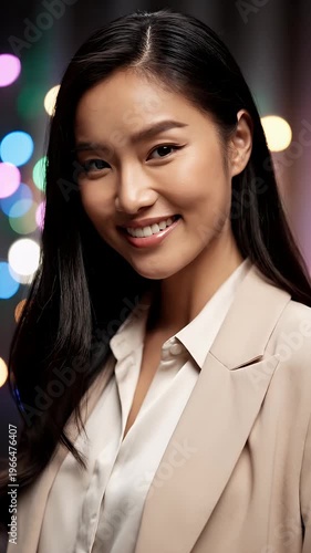Young Asian Woman Smiling Beige Blazer White Shirt Bokeh Lights Background Footage