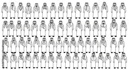 Arab men in traditional attire standing in a row, black and white illustration.