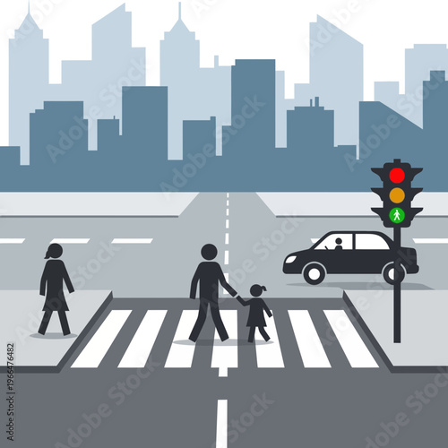 City Street Scene with Pedestrians Crossing