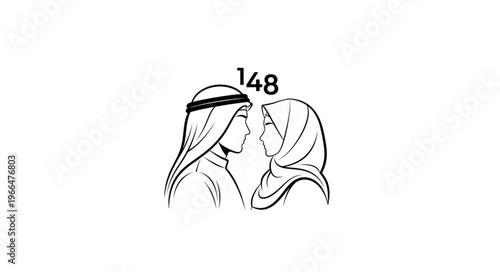Arab couple facing each other in traditional attire, side profile view.