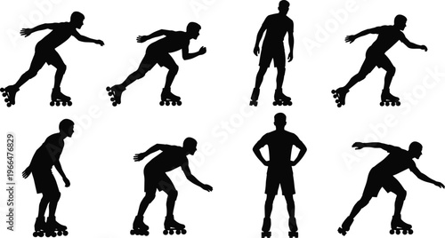 Young active man rollerblading inline skating set black silhouettes collection isolated on white background for outdoor sports lifestyle fitness graphic design projects assets