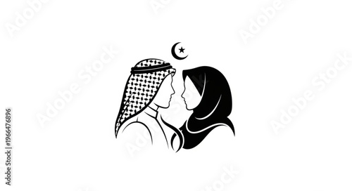 Arab couple in love, Islamic culture, black and white illustration.