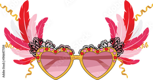 Extravagant Heart Shaped Carnival Sunglasses with Vibrant Red and Pink Feathers, Golden Glitter Accents, and Decorative Festive Lace for Party Design