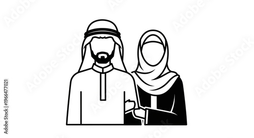 Arab couple in traditional attire, embracing and standing together, black and white illustration.